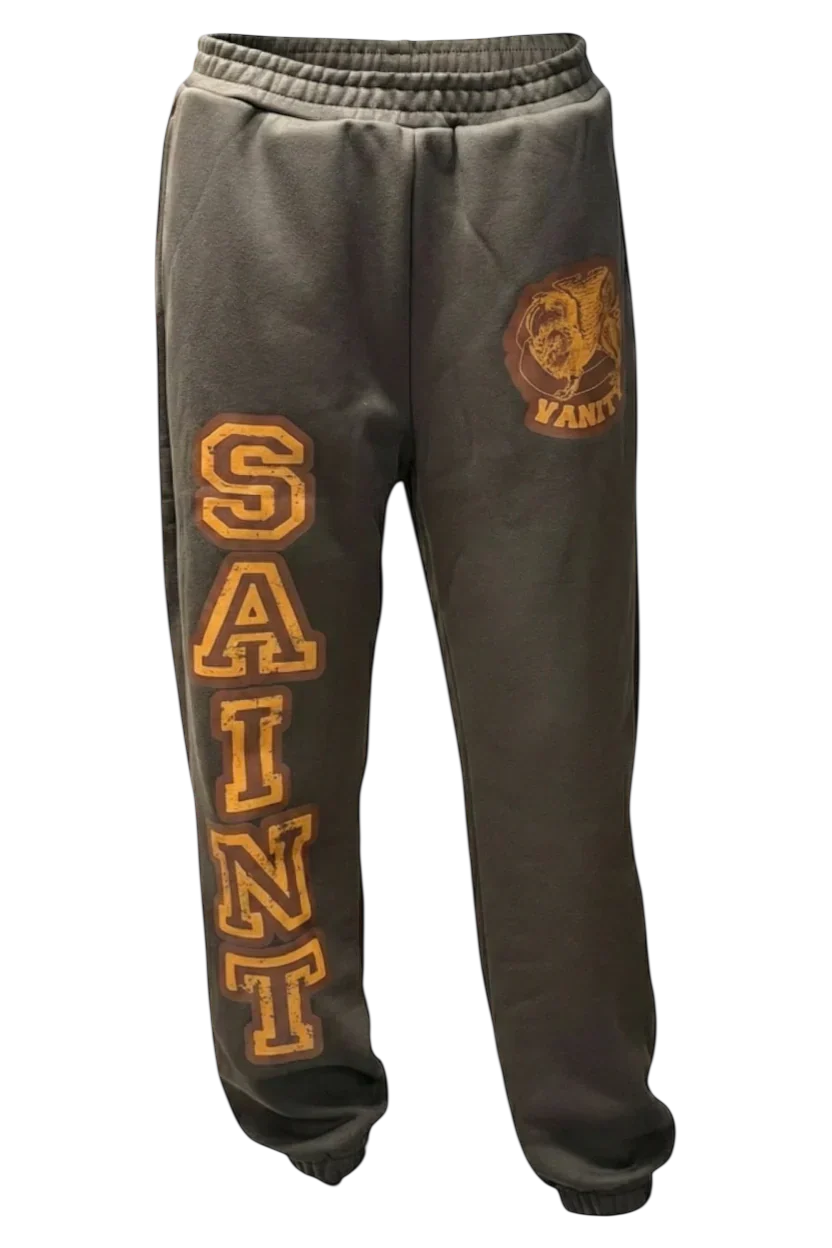 GREY BURGUNDY VARSITY SWEATS featuring the word SAINT in bold lettering, showcasing a sporty urban style.