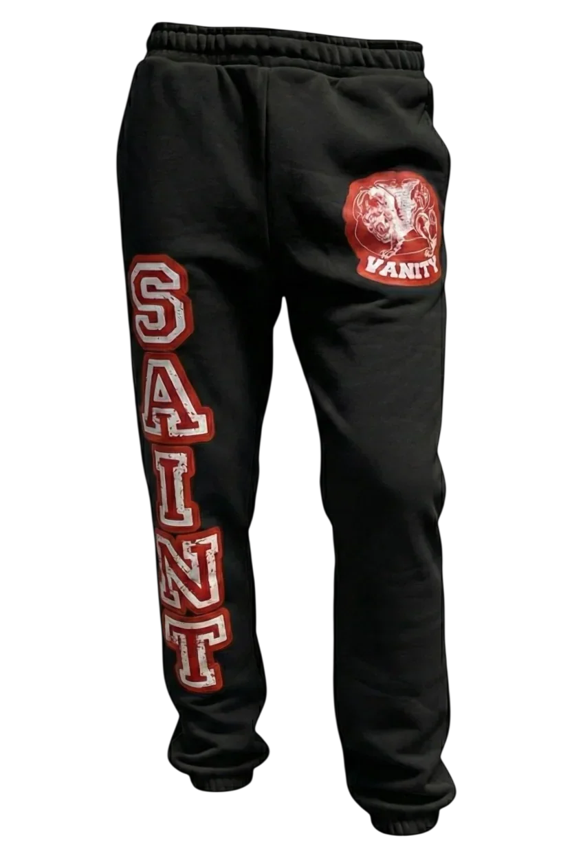 BLACK &amp; RED VARSITY SWEATS with SAINT and VANITY graphics in bold colors on comfortable pants