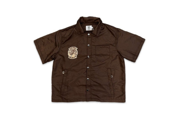 Saint Vanity Nylon Button Zip Up Hooded Shirt Brown