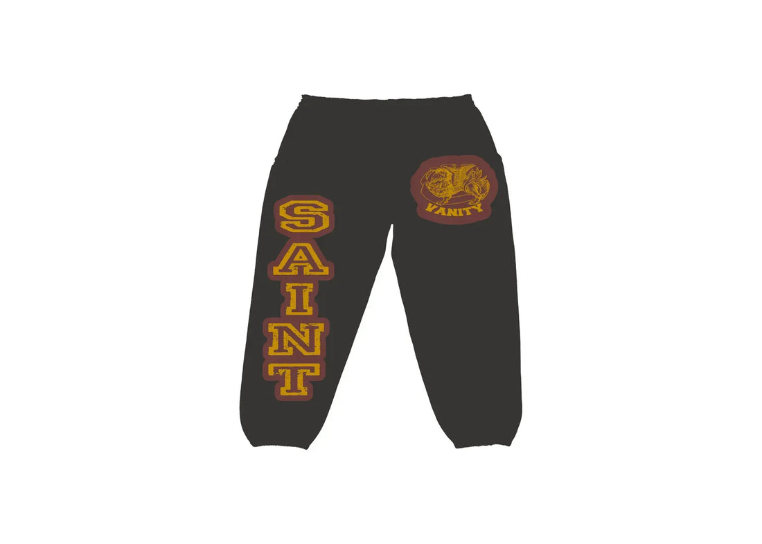 Saint Vanity Grey Burgundy Varsity Sweats featuring unique varsity-inspired design and cozy fit.