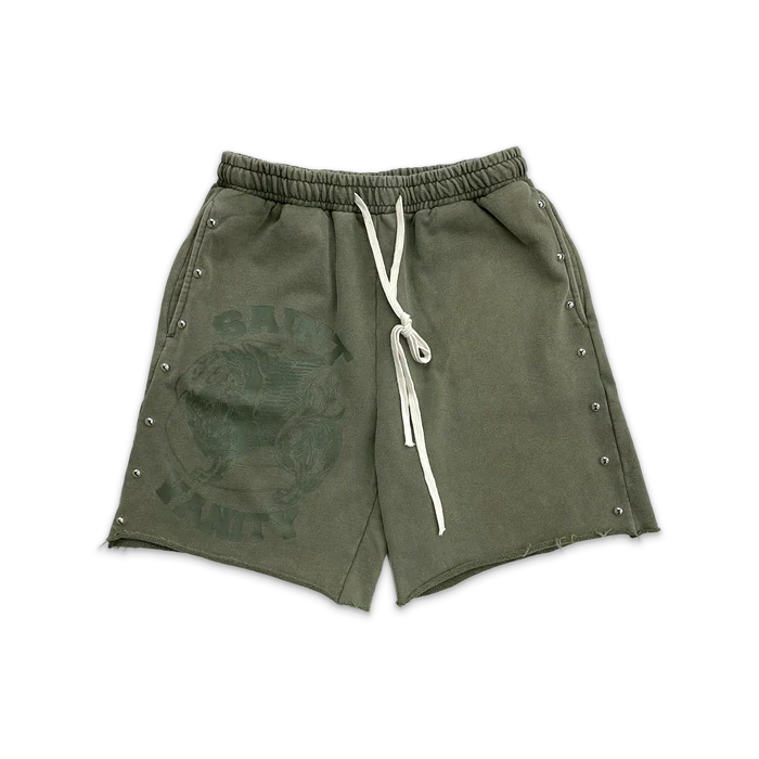 Saint Vanity Terry Studded Logo Shorts Olive 