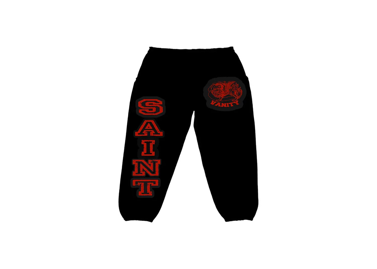Saint Vanity Black &amp; Red Griffin Sweats featuring bold red lettering and a griffin graphic.